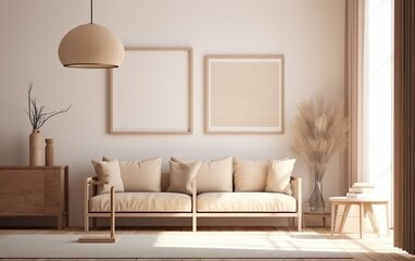 Living room interior with sofa, beige wall and vase with dried flowers. AI, Generative AI