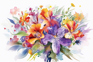 Obraz na płótnie Canvas Watercolor painting of flowers and leaves isolated on white backgroundcreated with Generative AI technology