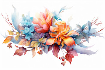 Obraz premium Watercolor painting of flowers and leaves isolated on white backgroundcreated with Generative AI technology