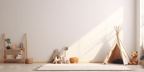 AI Generated. AI Generative. Children bedroom living play room. Cozy decoration wall mock uo with wigwam. Graphic Art