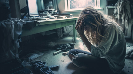 Vulnerable woman at home, experiencing depression and burnout, conveying emotional struggle and mental exhaustion. drug addiction generative AI. - obrazy, fototapety, plakaty