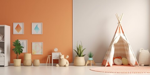 AI Generated. AI Generative. Children bedroom living play room. Cozy decoration wall mock uo with wigwam. Graphic Art