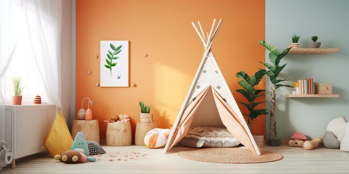AI Generated. AI Generative. Children bedroom living play room. Cozy decoration wall mock uo with wigwam. Graphic Art