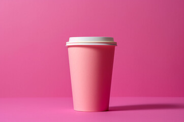 Pink cup of coffee in a glass to go on a pink background. Generative ai