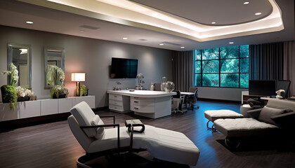 Fototapeta premium Indulge in the ultimate smart living room experience, where new technology meets a clean and modern design for a seamless and contemporary lifestyle.