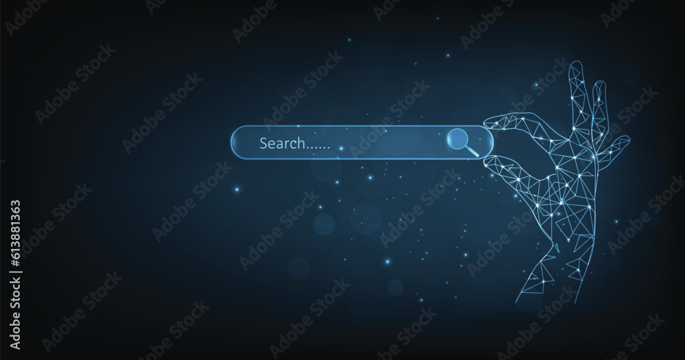 Poster Search engine optimization (SEO) concept. Using the website search bar to find the desired information. Search bar render isolated on dark blue background.	