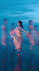 AI-Generated illustration of the Asian women dancing on the beach, showcasing the attractive intriguing beauty of Asian culture. The rich heritage and artistic expression of China