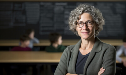 Inspiring portrait of a curly woman lecturer at the university, sharing knowledge, empowering the next generation. generative AI. - obrazy, fototapety, plakaty