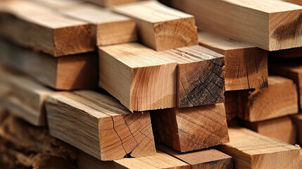 Wooden boards are stacked in a sawmill or carpentry shop. Sawing drying and marketing of wood. Industrial background