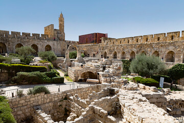 Archaeological Park at the foot of the Tower of David in the Old Town. Jerusalem, Israel