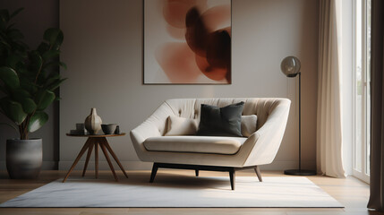 Stylish Interior with an Abstract Mockup Frame Poster, Modern interior design, 3D render, 3D illustration