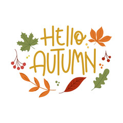 Fototapeta na wymiar Hello autumn. Decorative design composition with fall lettering and seasonal elements. Hand drawn phrase with leaves, branches and berries.