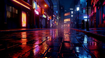 A Dark Futuristic City Street at Night with Wet Pavement (Generative AI)