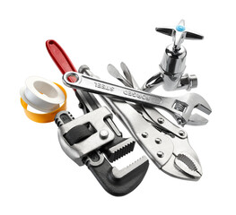 Various type of plumbing tools isolated