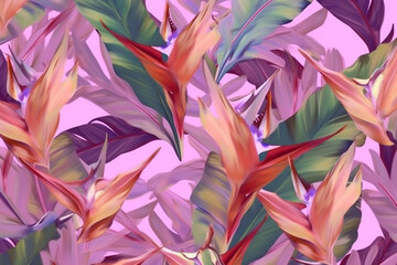 tropical colorful pink pattern jungle flower orange seamless trendy leaf. Generative AI.