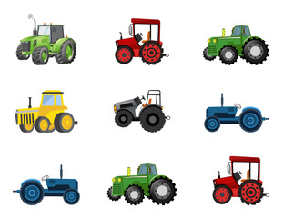 Set Of Agricultural Farm Transport Tractors Cartoon Vector Illustration Design Collection. 3D Illustration Vehicle Tractor For Farm. Industrial Vehicles Premium Vector Set With White Background.