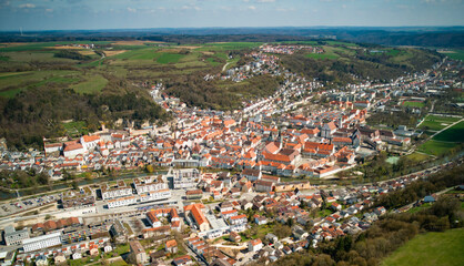 Fototapeta na wymiar Aerial around the old town Eichstätt in Germany on a sunny day in spring 