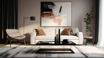 Stylish Interior with an Abstract Mockup Frame Poster, Modern interior design, 3D render, 3D illustration