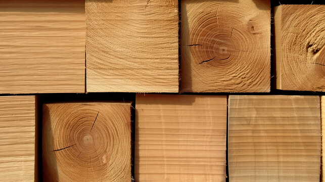 Wooden boards are stacked in a sawmill or carpentry shop. Sawing drying and marketing of wood. Industrial background