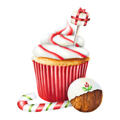 Watercolor Christmas sweet muffin with cream, crispy gingerbread cookie and candies. New year hand painting red cupcake isolated on white background. For designers, food decoration, menu, shop, for p