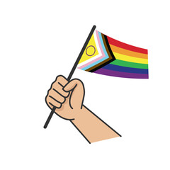 Hand holding lgbt rainbow flag. Cartoon arm doodle holding Pride symbol. Gender diversity representation.