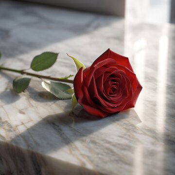 Red rose resting on a marble countertop, generative AI