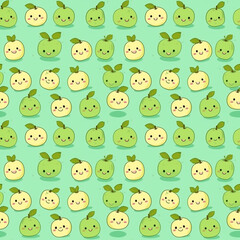 Cartoon seamless pattern with cute funny apples on light blue background. Generative AI.