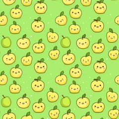 Fototapeta premium Cartoon seamless pattern with cute funny apples on light green background. Generative AI.