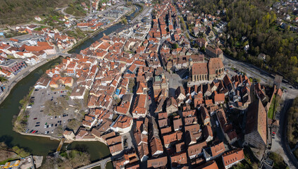 Aerial view around the old town of the city Schwäbisch Hall on an early spring day	