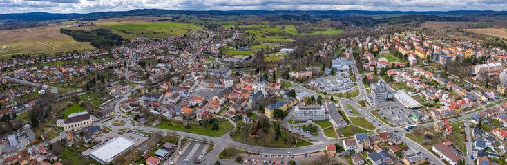 Fototapeta na wymiar Aerial view around the old town of the city Tachov on an early spring day 