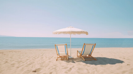 summer beach vacation - holiday on a sunny beach with beach loungers on the mediterranean coast - 613883959
