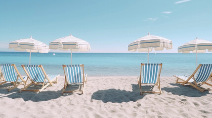 summer beach vacation - holiday on a sunny beach with beach loungers on the mediterranean coast - 613883965