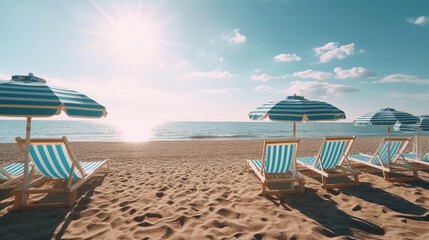 summer beach vacation - holiday on a sunny beach with beach loungers on the mediterranean coast - 613883987