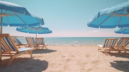 summer beach vacation - holiday on a sunny beach with beach loungers on the mediterranean coast - 613884123