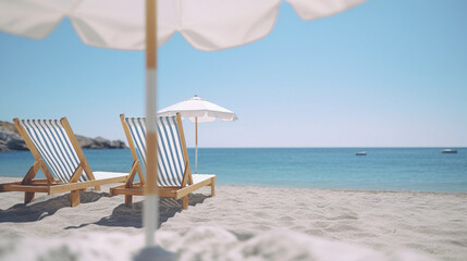 summer beach vacation - holiday on a sunny beach with beach loungers on the mediterranean coast - 613884141