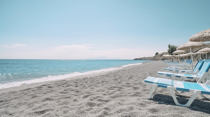 summer beach vacation - holiday on a sunny beach with beach loungers on the mediterranean coast - 613884142