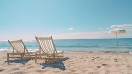 summer beach vacation - holiday on a sunny beach with beach loungers on the mediterranean coast - 613884146