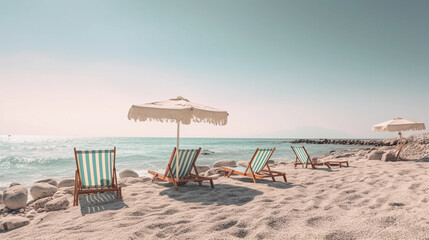 summer beach vacation - holiday on a sunny beach with beach loungers on the mediterranean coast - 613884165