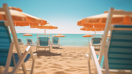 summer beach vacation - holiday on a sunny beach with beach loungers on the mediterranean coast - 613884179