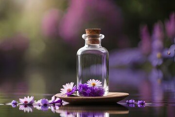 Obraz na płótnie Canvas A bottle of flowers scent with purple flowers - Generative AI Technology