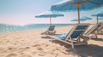 summer beach vacation - holiday on a sunny beach with beach loungers on the mediterranean coast - 613884186