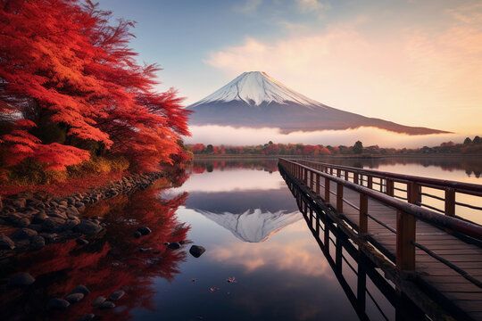 Colorful Autumn Season and Mountain Fuji with morning fog and red leaves at lake Kawaguchiko, japan.Image ai generate