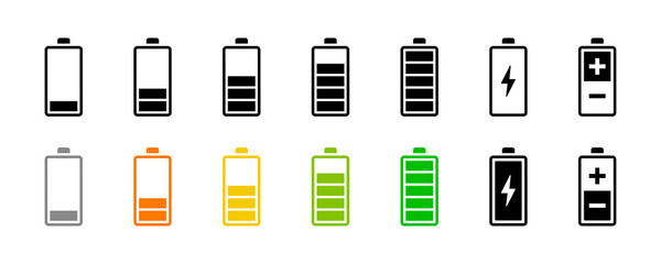 Battery icon collection. Battery indicator icons set. Charge indicator collection. Level battery energy icon
