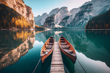 Boats on the Braies Lake( Pragser Wildsee) in Dolomites mountains, Sudtirol, Italy.Image ai generate