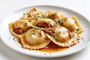 Delicious Plate of Mushroom Ravioli Isolated on a White Background