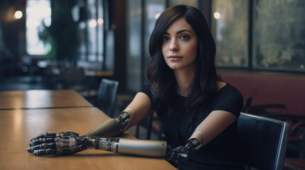Fototapeta na wymiar woman showcases her strength with a robotic prosthetic arm, defying limitations and embracing technology. generative AI.