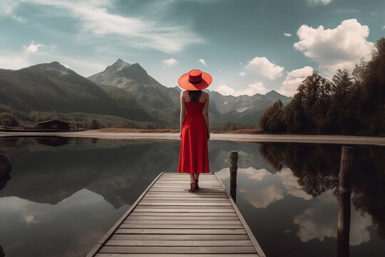 Girl with a stalk hat on and red dress looking at reflection of the mountains on lake in high mountains.Image ai generate