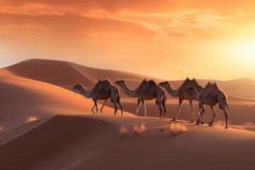 Golden dunes with camels.Image ai generate - obrazy, fototapety, plakaty