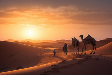 Fototapeta na wymiar Golden dunes with camels.Image ai generate
