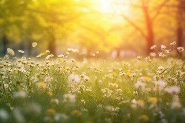 Obraz premium Colorful blooming meadow flowers with green grass and light splashes with bokeh lens background. Generative Ai